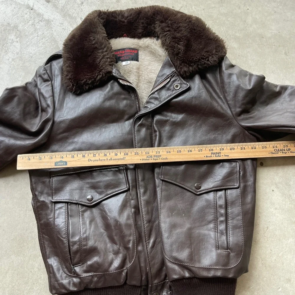 Wear-Guard Vintage Brown Leather Flight Jacket Bomber Faux Fur Collar 42L USA
